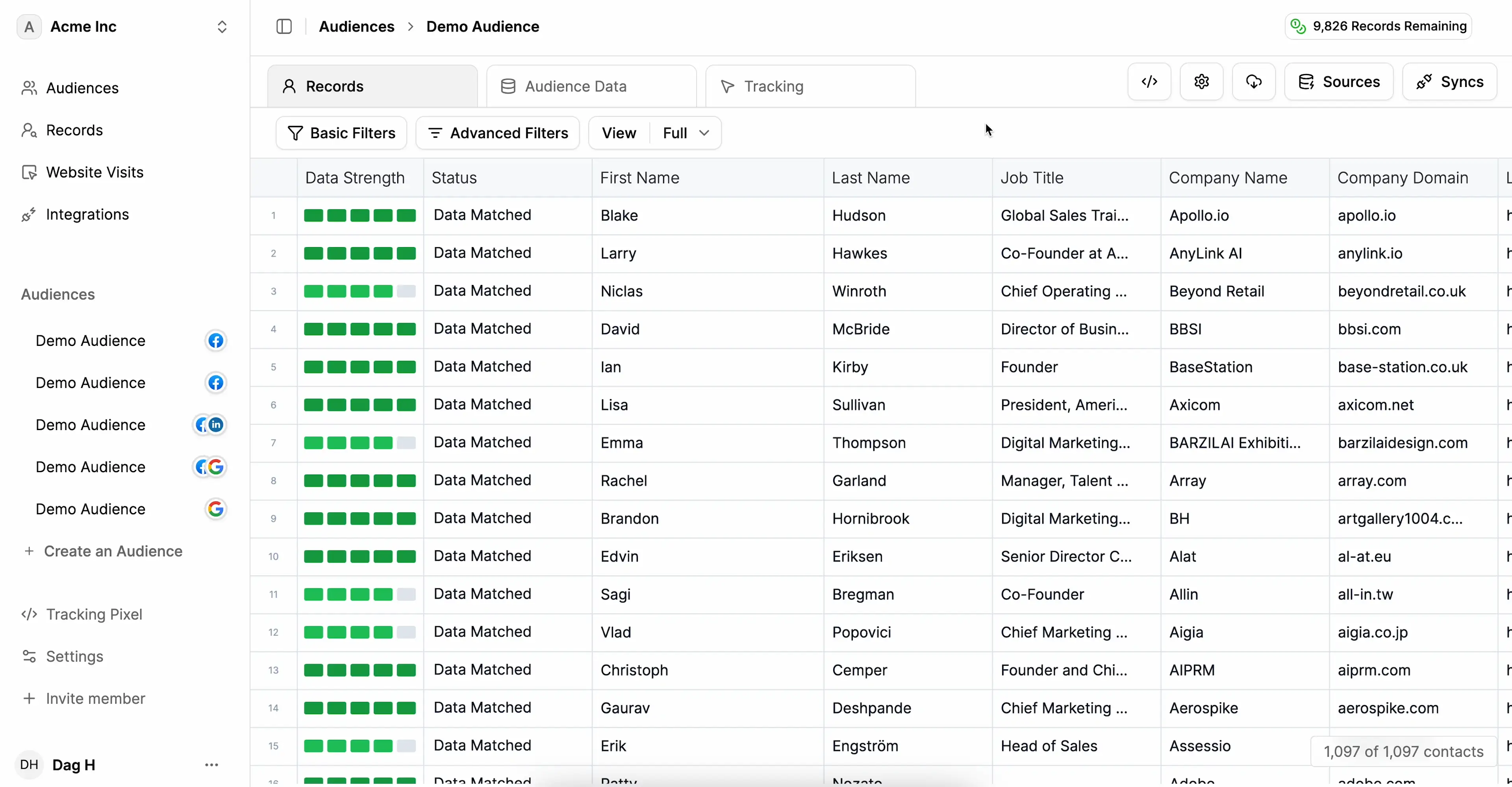 ContactLevel audience builder interface showing contact list upload, data enrichment, and audience creation workflow
